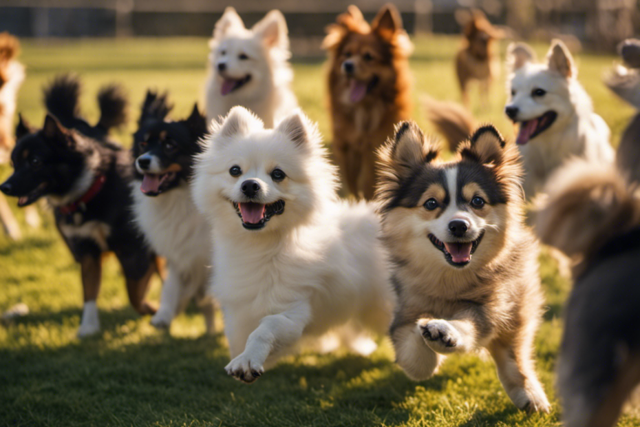 An image capturing a playful Spitz pup confidently engaging with a diverse group of dogs at a lively dog park