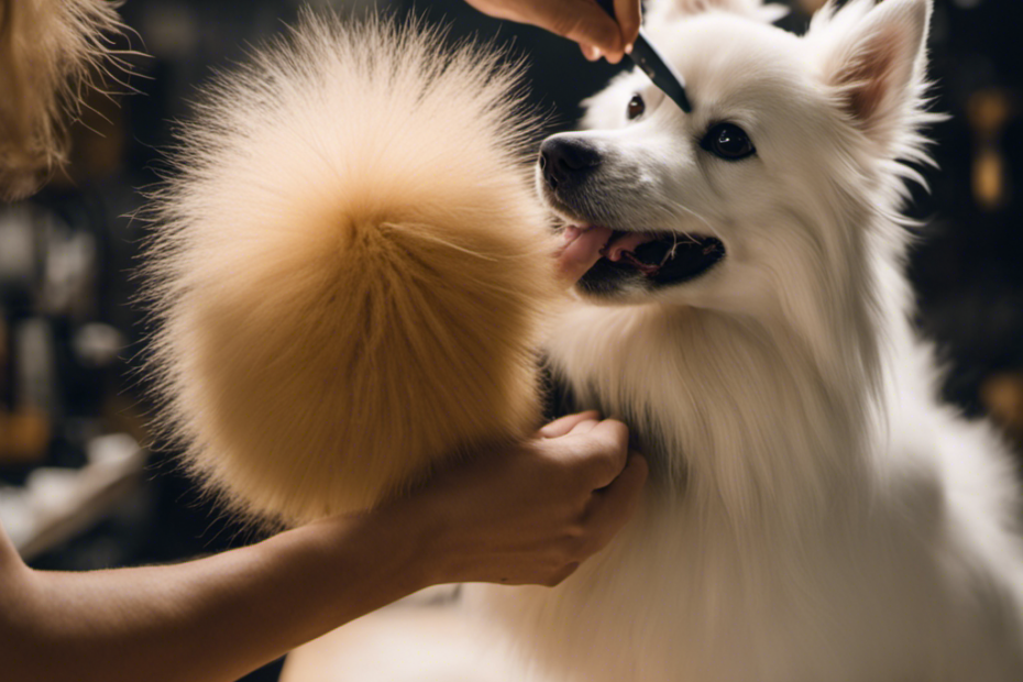 An image showcasing a spitz dog with a luscious coat being groomed by its owner