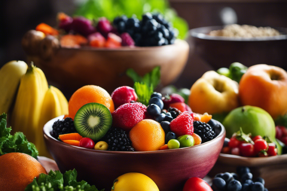 An image that showcases a vibrant bowl filled with a colorful assortment of fresh fruits and vegetables, alongside a dish brimming with high-quality kibble