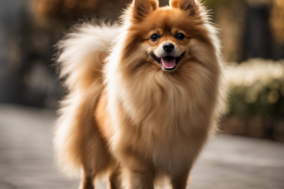 An image showcasing a Spitz dog with perfectly trimmed fur, a well-groomed bushy tail, and neatly trimmed paws