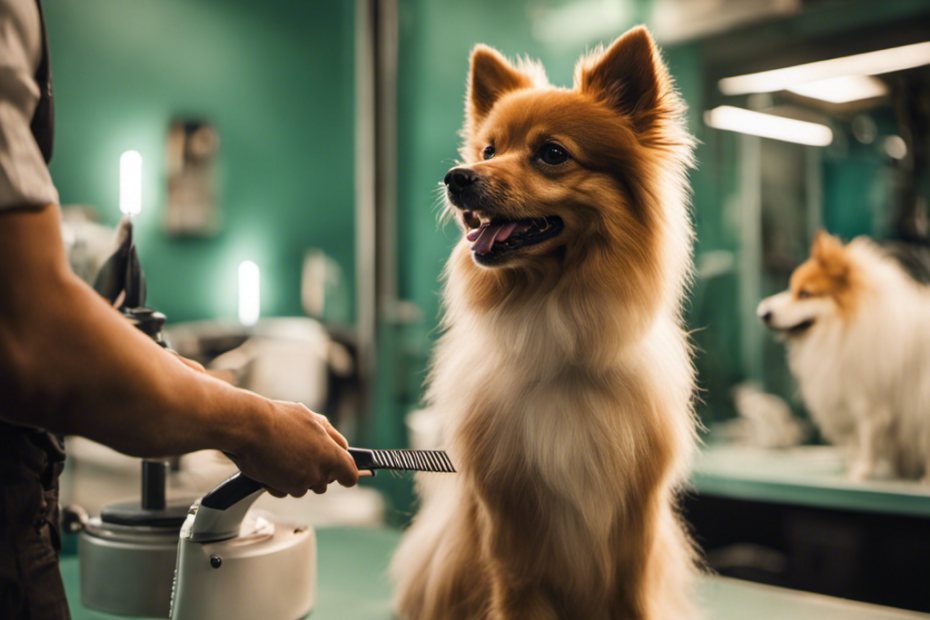 An image showcasing a Spitz dog being carefully groomed