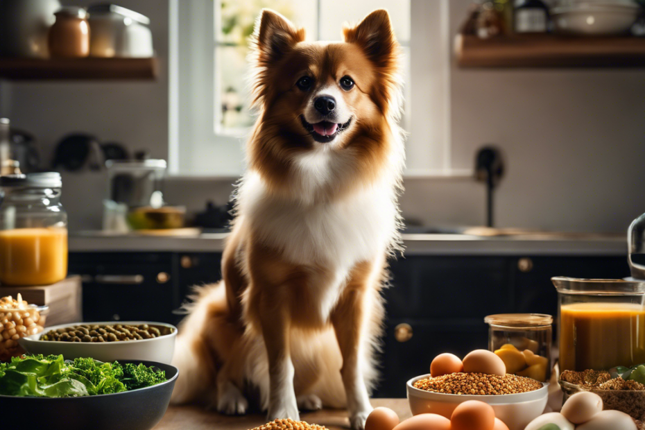 An image featuring a glowing pregnant Spitz dog surrounded by wholesome foods like fish, eggs, leafy greens, and a bowl of special pregnancy-formulated dog kibble