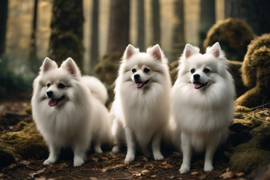 An image featuring various Spitz dogs in a forest, showcasing their fluffy coats, pointed ears, and curled tails, with cultural symbols from their regions subtly integrated into the background
