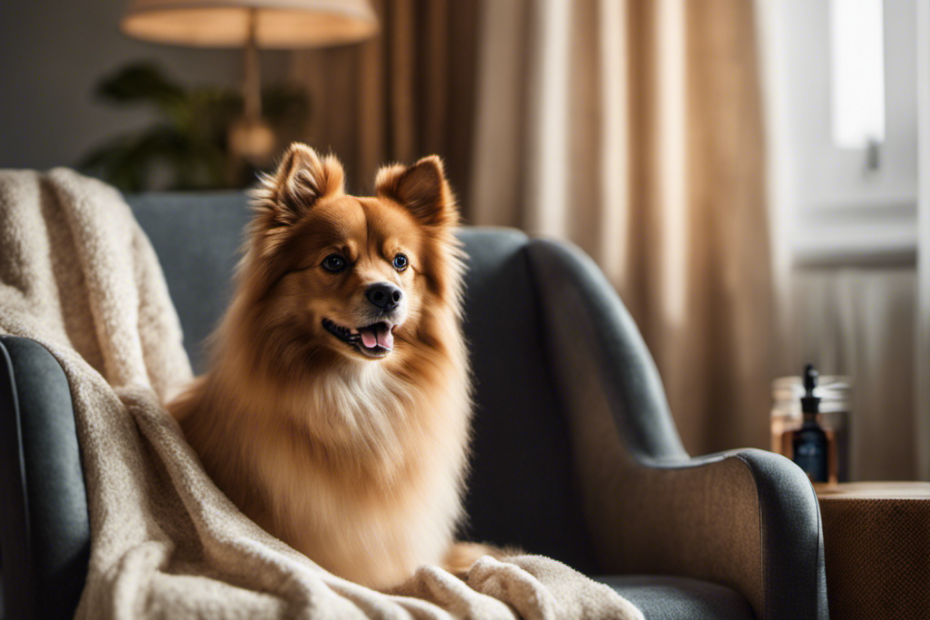 An image featuring a therapy Spitz dog calmly sitting beside a cozy armchair, adorned with a soft blanket and a calming essential oil diffuser nearby