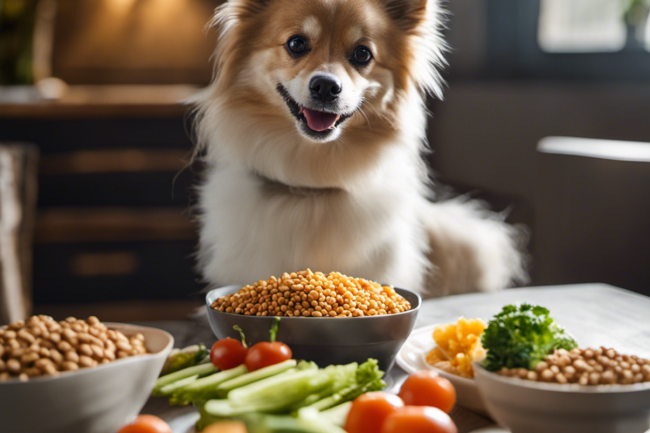 An image showcasing a playful Spitz dog happily devouring a portion-controlled meal of lean protein, whole grains, fresh veggies, and a small treat, illustrating the four essential tips for managing calorie intake in Spitz dogs