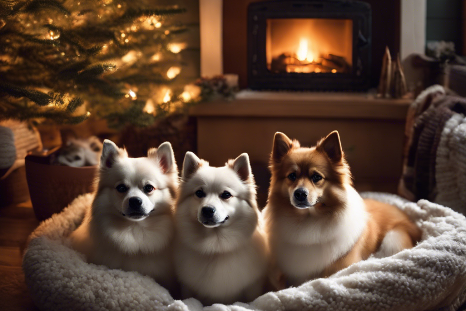 An image of four Spitz dogs, each in unique cozy winter sleep setups: an igloo, a heated dog bed, under a pine tree with snow, and with a woolen blanket by a fireplace