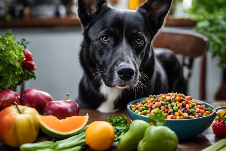 An image that showcases a contented, vibrant, and healthy pet dog or cat devouring a colorful bowl of nutrient-rich vegetarian pet food, surrounded by an array of fresh fruits, vegetables, and plant-based protein sources