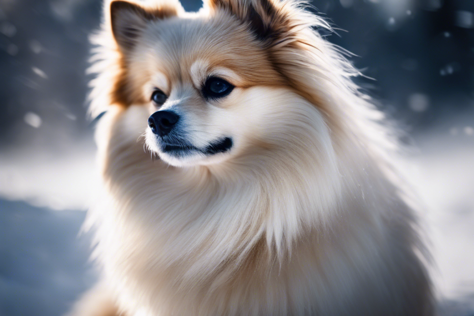 An image of a Spitz dog curled up in a snowy landscape, with a visible shiver, surrounded by ice crystals, emphasizing its thick fur and breath condensing in the cold air