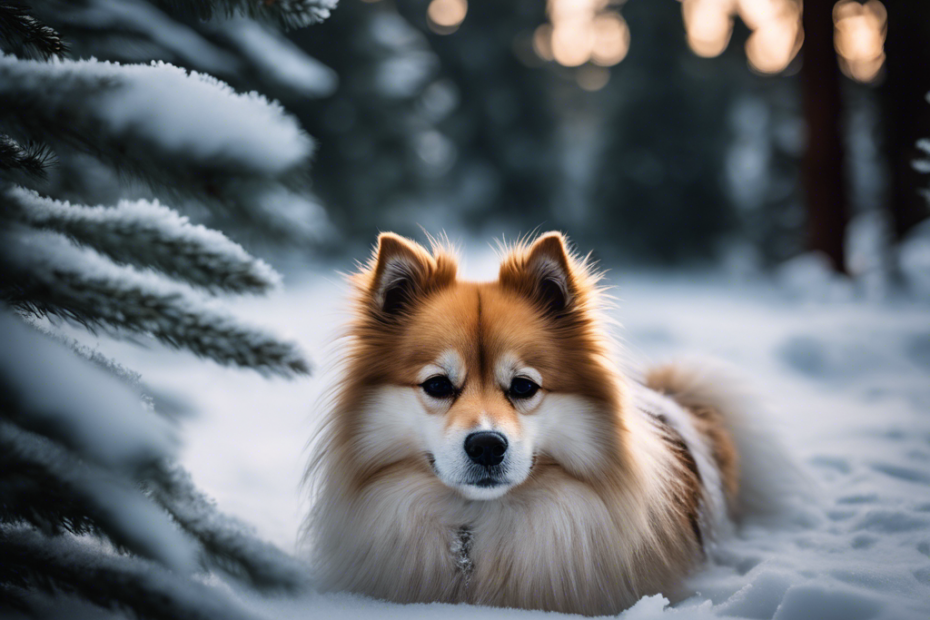 dog curled up in a snowy landscape, with frost on its fur, as its breath condenses in the chilly air, surrounded by ice-covered pine trees, displaying a calm demeanor