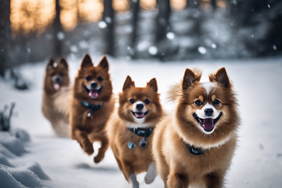 Ze a group of Spitz dogs joyfully frolicking in a snowy landscape, with their thick fur coats, breath visible in the frosty air, and dynamic, playful poses that suggest high energy and vitality