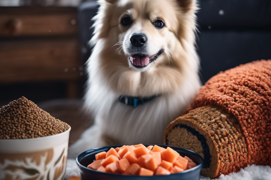 An image featuring a Spitz dog beside a bowl of winter-themed dog food, with surrounding ingredients like salmon, sweet potatoes, and blueberries, against a snowy backdrop with a cozy dog bed