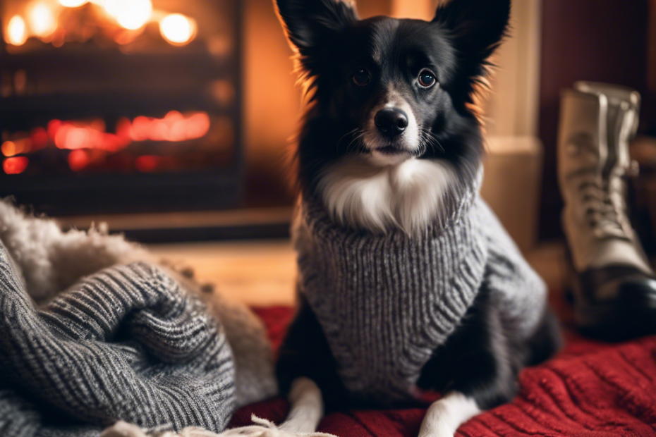 dog snuggled in a plush blanket, with a fireplace in the background, and a pair of snow boots and a doggy sweater laid out in the foreground