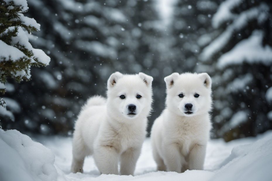 An image showcasing two adorable Arctic pups eagerly wagging their tails while playfully engaging with joyful children in a snowy wonderland, radiating pure happiness and forming an unbreakable bond