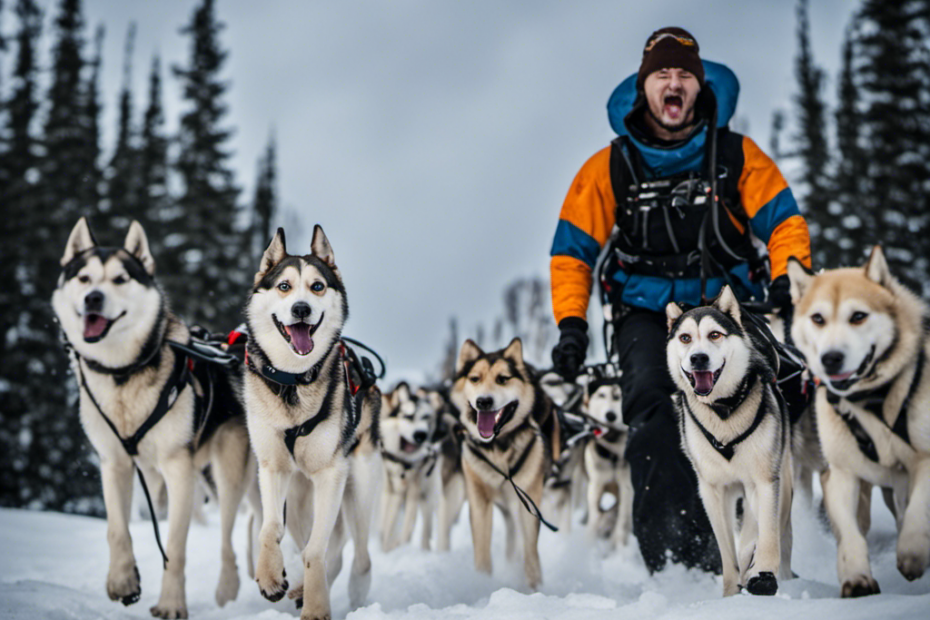 the exhilaration of a show participant's journey with Arctic Dogs: A close-up shot of a wide-eyed individual, donning protective gear, surrounded by a pack of spirited Arctic sled dogs, their paws kicking up powdery snow in an icy landscape