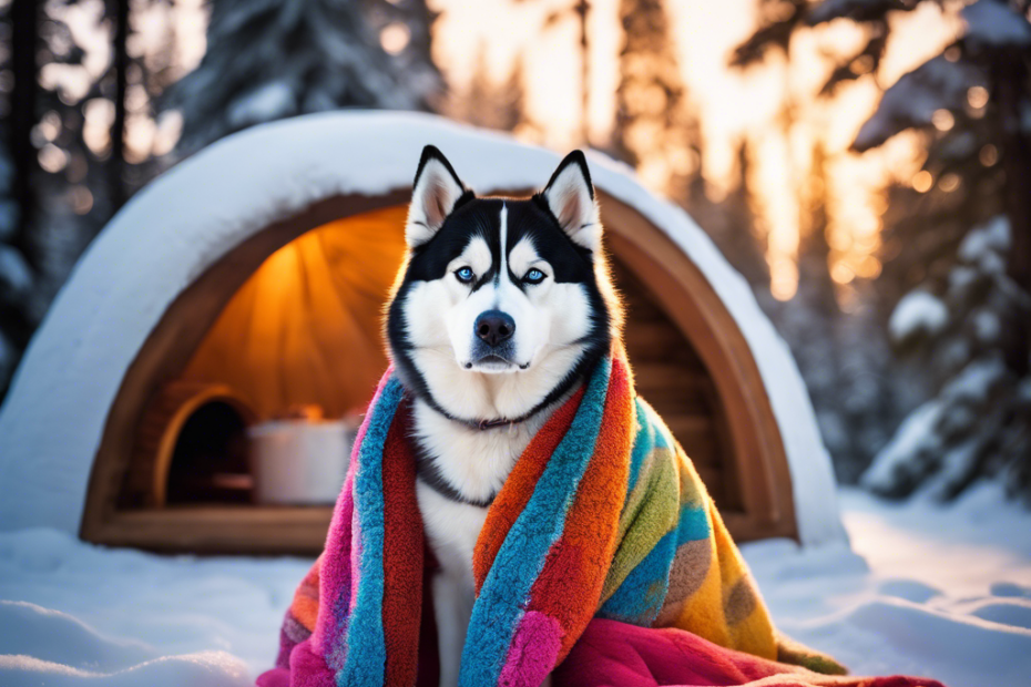 Ate a fluffy Siberian Husky snuggled in a colorful insulated dog coat, surrounded by snowy pines, with a warm igloo doghouse and a steaming bowl of water nearby