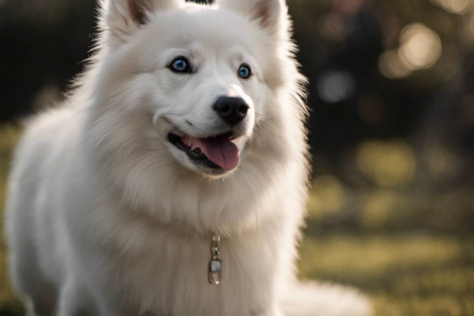 An image showcasing a confident American Eskimo dog effortlessly performing advanced obedience exercises, capturing its intelligent gaze, perfect posture, and harmonious connection with its trainer