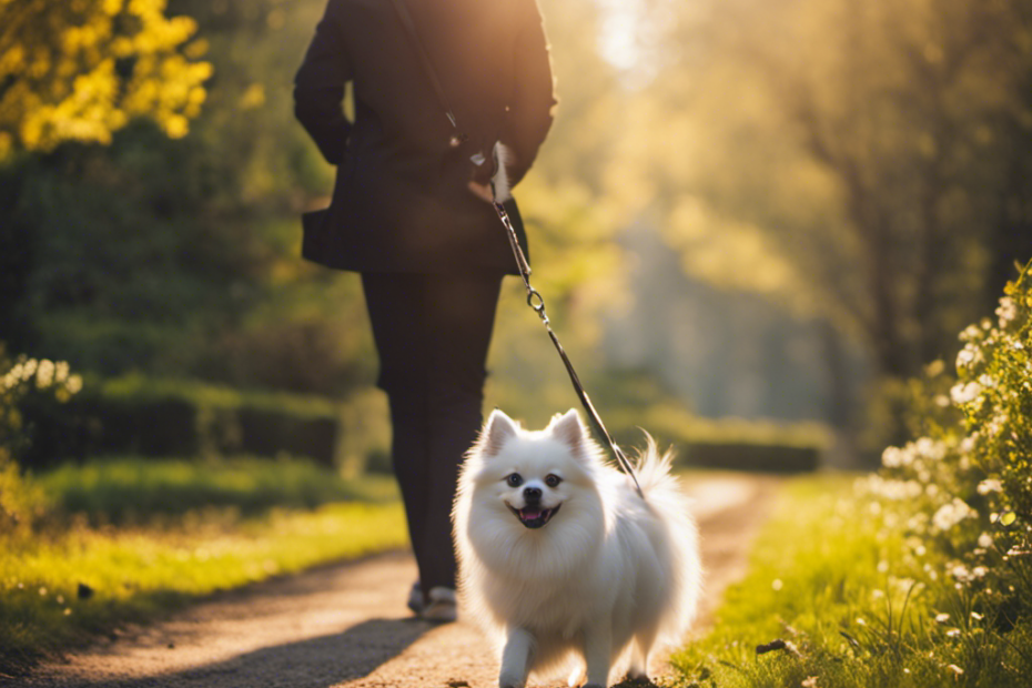 An image showcasing a confident Spitz dog walking calmly beside its owner on a sunny park path