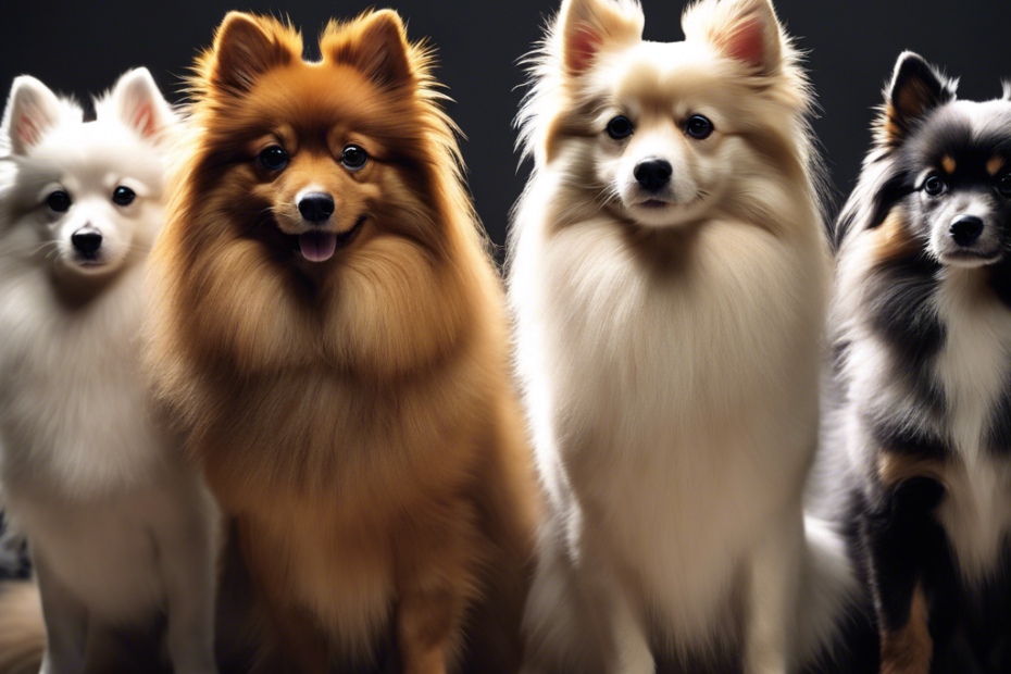 Ate diverse Spitz dogs with distinct coat patterns and colors, showcasing DNA double helices, genetic markers, and a subtle background of pedigree charts emphasizing selective breeding