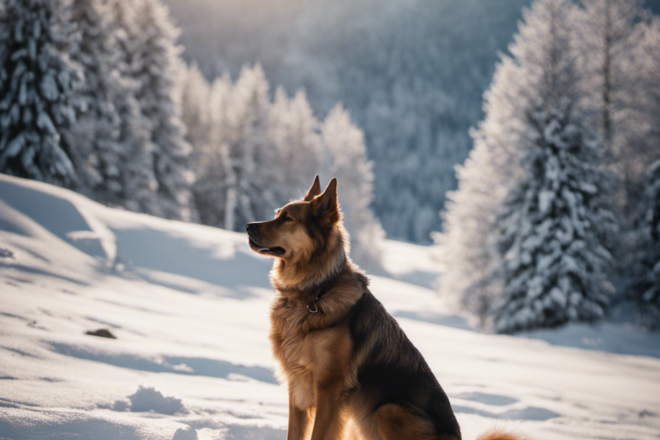 the blissful winter scene of a majestic snowy landscape, where a well-trained canine companion sits gracefully amidst the glistening white powder