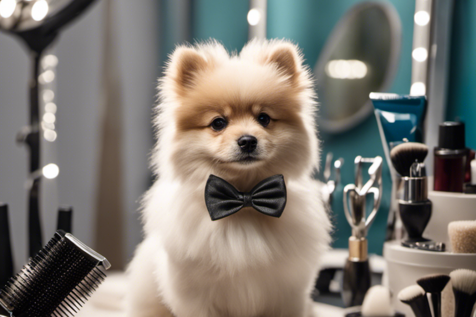 An image featuring a fluffy Spitz puppy sitting on a grooming table, surrounded by various grooming tools like brushes, combs, and nail clippers