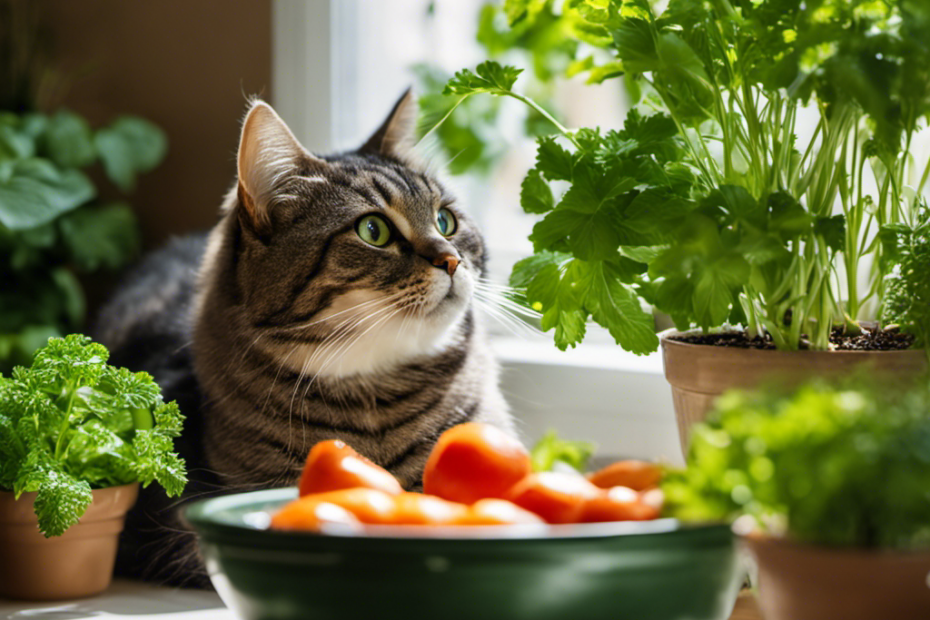 An image of a content cat lounging on a sunny windowsill, surrounded by vibrant green potted herbs like parsley, mint, and basil