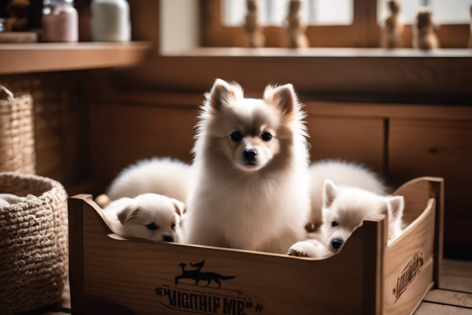 A warm image featuring a Spitz mother with her pups in a cozy whelping box, surrounded by puppy care essentials like milk bottles, a soft blanket, and a small weighing scale