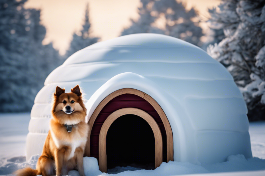 Ate a Spitz breed dog nestled in a snowy landscape with a cozy igloo doghouse, a thermometer showing -10°C, and a clear, crisp winter sky