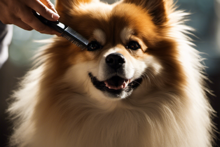 An image showcasing a well-groomed Spitz dog, with its thick double coat gleaming under natural sunlight, while a groomer gently brushes its fur, highlighting the importance of an optimal grooming schedule