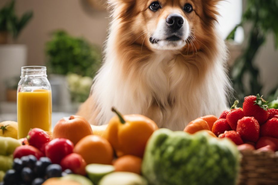 An image showcasing a Spitz breed dog surrounded by a vibrant array of fresh fruits and vegetables, lean proteins, and high-quality dog food, highlighting the optimal nutrition required for these dogs