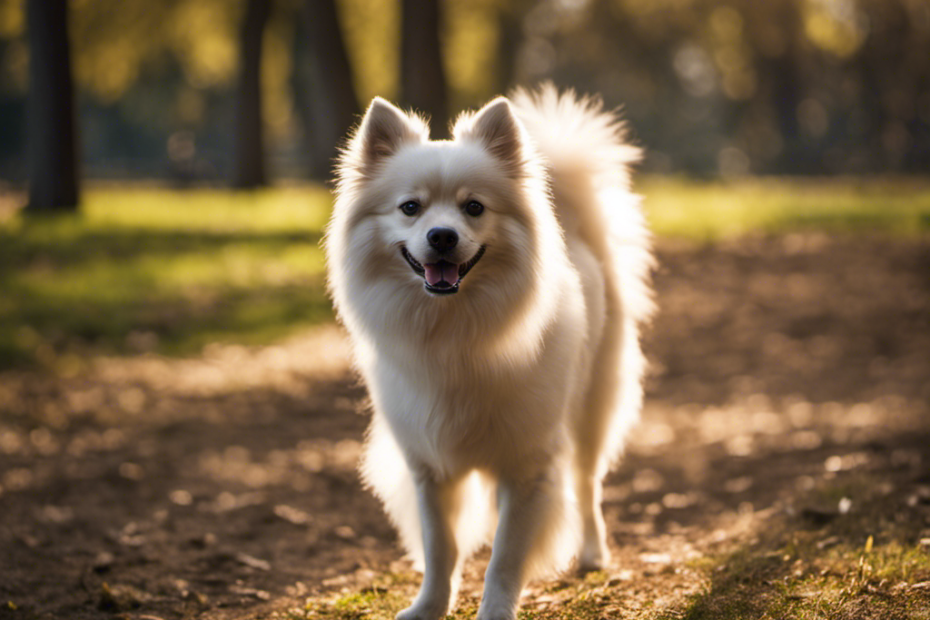 An image capturing a determined Spitz breed dog, standing tall with a wagging tail, while their owner patiently guides them through various training exercises in a serene, sunlit park