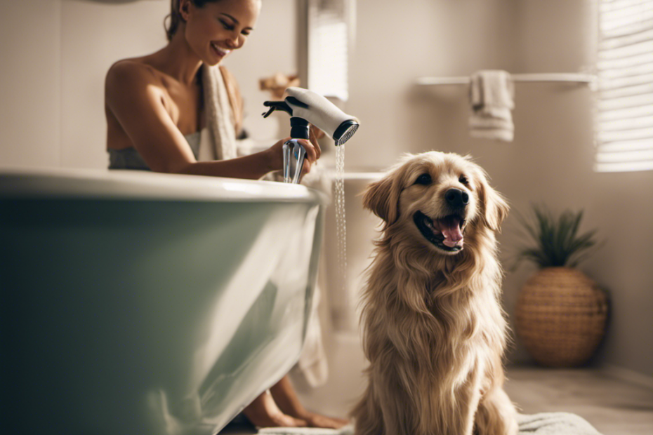 An image showcasing a serene bathroom scene: a smiling owner gently lathering their contented pup with a hypoallergenic shampoo, surrounded by fluffy towels, a rubber bath mat, a showerhead, and a soft brush nearby