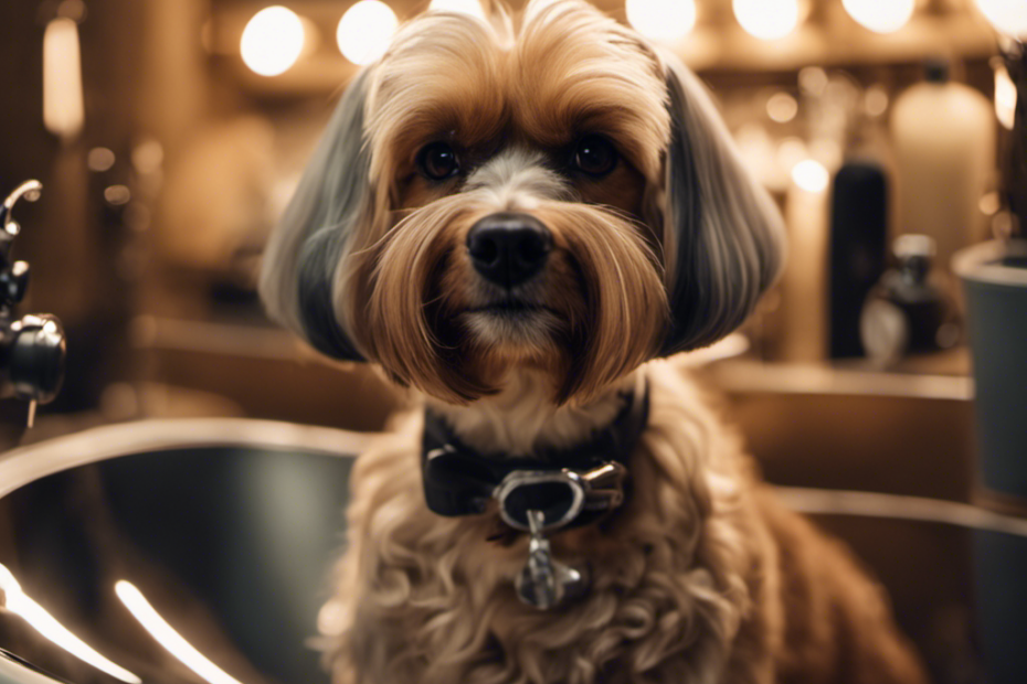 An image featuring a variety of professional dog grooming services: a bath with luxurious bubbles, a stylish haircut with precision scissors, nail trimming with a filing tool, ear cleaning with gentle care, and a relaxing massage with calming oils