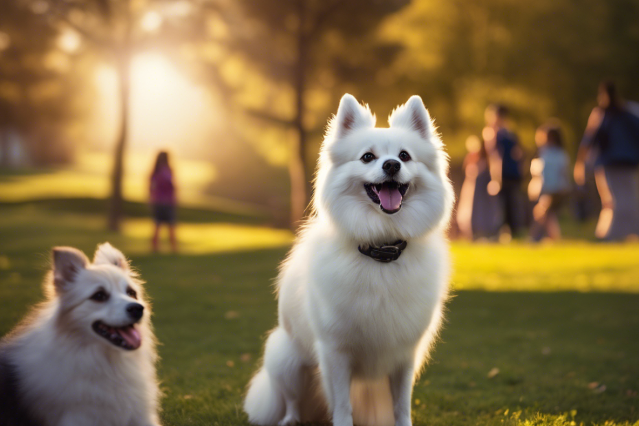 An image showcasing a Spitz dog basking in the spotlight of a loving family, surrounded by adoring children, as they play fetch in a vibrant park with a picturesque backdrop of rolling hills