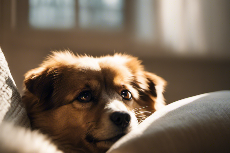 An image depicting a Spitz Pooch comfortably lying on a cushion, surrounded by natural light filtering through a window