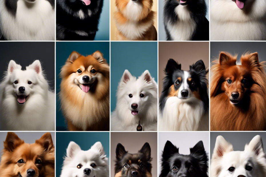 A collage featuring seven distinct Spitz dogs, each demonstrating a key breed standard characteristic like coat texture, ear shape, tail curl, and size variance, with a harmonious, educational aesthetic