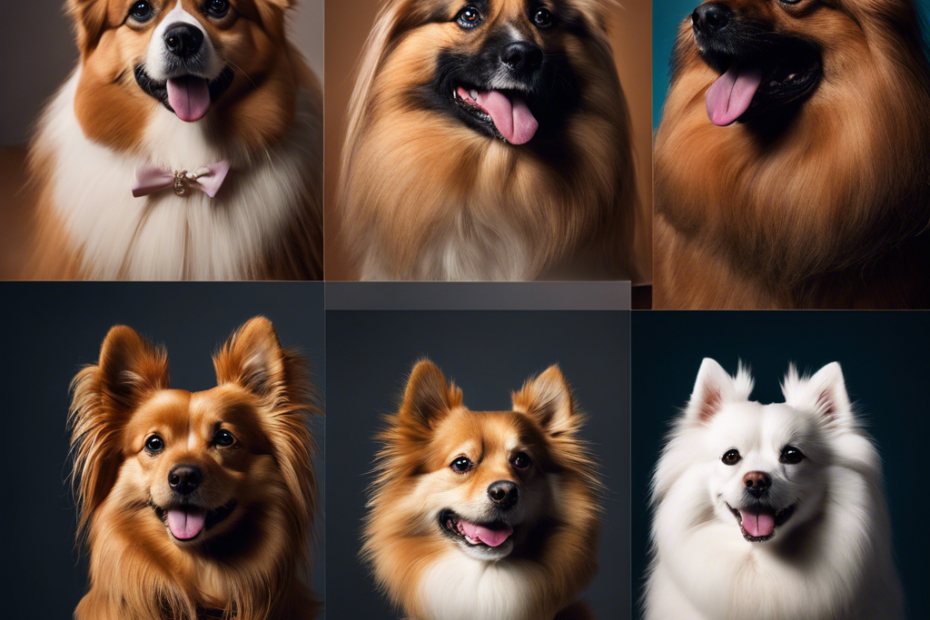 An image showcasing seven distinct Spitz breed dogs from pop culture, each portrayed in their iconic roles, capturing their unique features and personalities