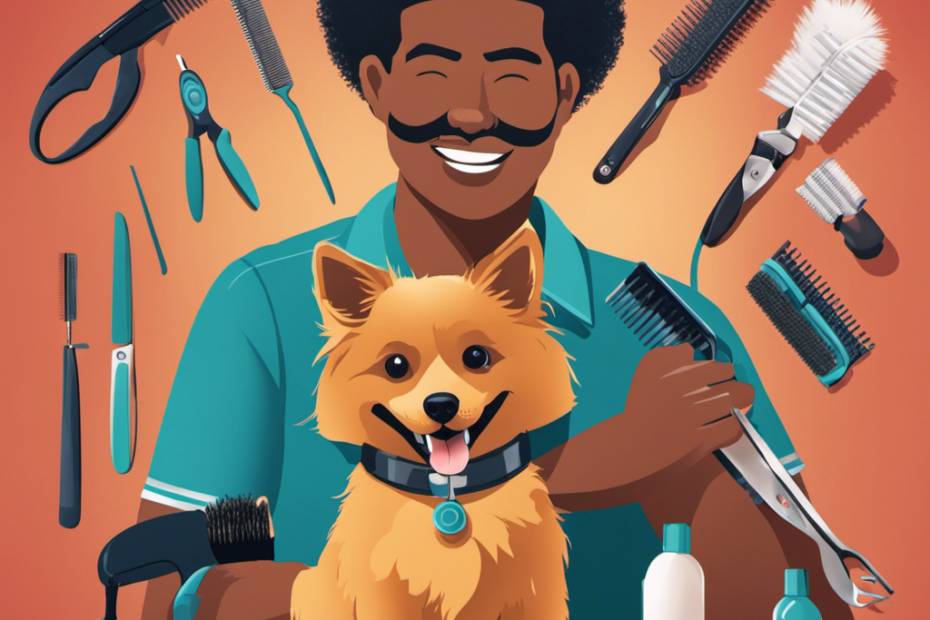 An image showcasing a smiling person with a sleek Spitz dog, surrounded by various grooming tools like a slicker brush, deshedding tool, and shedding blade, displaying the step-by-step process for grooming a shedding Spitz