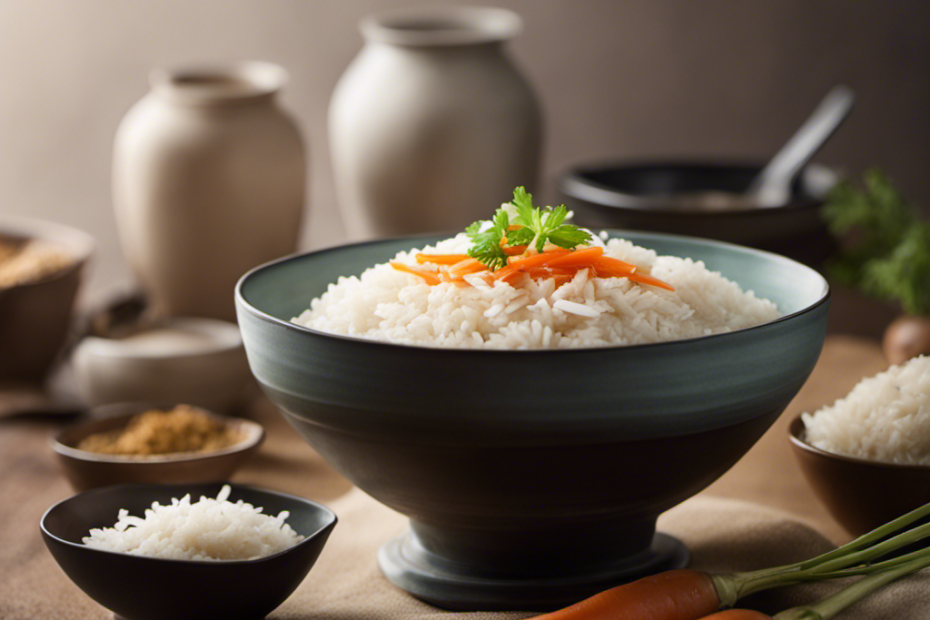 An image showcasing a serene, pastel-hued bowl filled with steamed white rice, topped with a sprinkle of grated carrots, a few tender poached chicken pieces, and a drizzle of soothing homemade bone broth