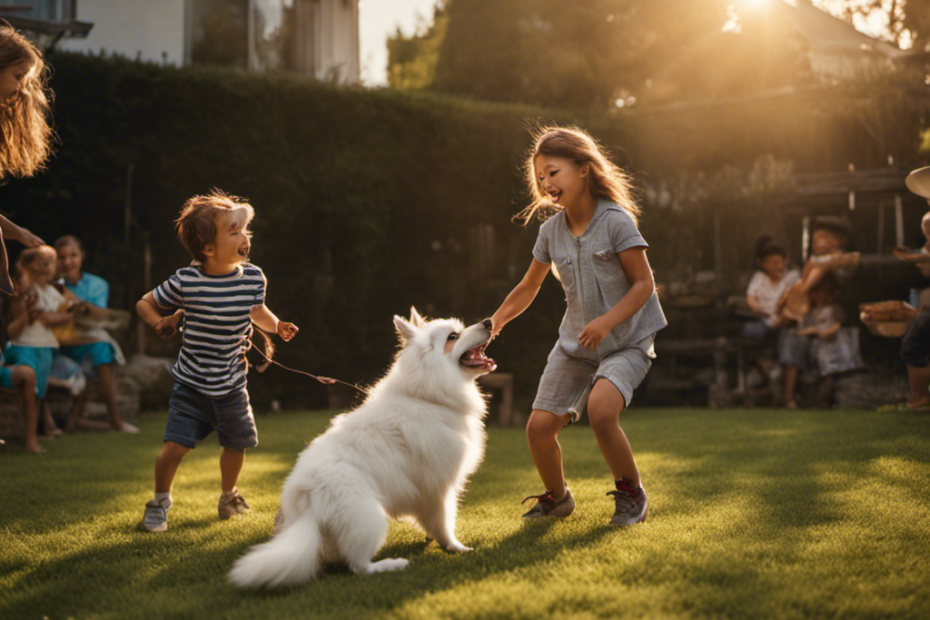 An image showcasing a joyful scene of a Spitz dog playfully interacting with children in a spacious backyard, exuding happiness and highlighting the strong bond between these furry companions and their human family