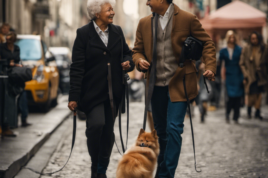 An image showcasing a Spitz dog gracefully guiding a visually impaired person through a bustling city street, their loyal presence evident in the focused expressions and synchronized movements, portraying their invaluable role as exceptional service companions for disabilities