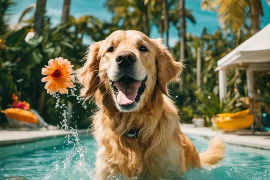 An image showcasing a golden retriever joyfully splashing in a crystal-clear, turquoise swimming pool