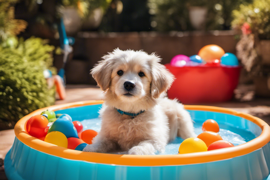 An image showcasing a happy, fluffy pup cooling off in a shaded backyard oasis, with a vibrant kiddie pool filled with refreshing water, surrounded by colorful toys and a grooming brush nearby