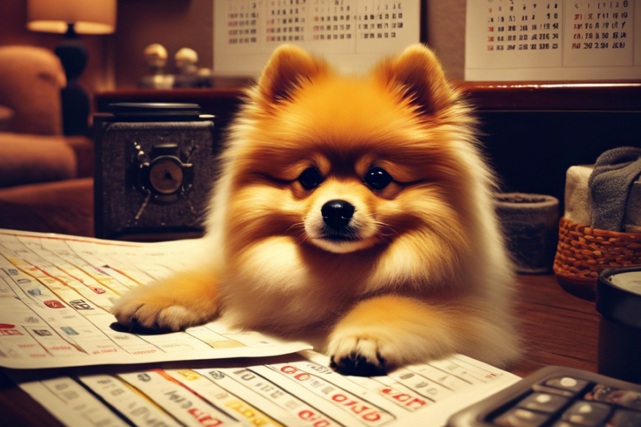 An illustration of a nurturing Spitz dog in a cozy den, surrounded by a calendar marking nine weeks, with subtle changes in the dog's physique and activity levels to denote pregnancy progression