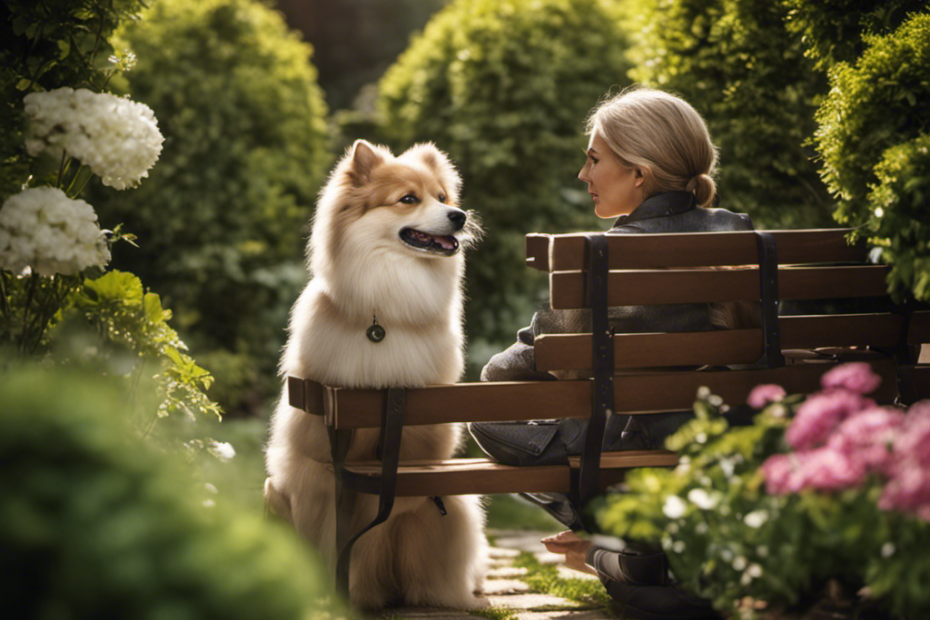 An image showcasing a serene scene in a lush garden, with a content individual sitting on a bench