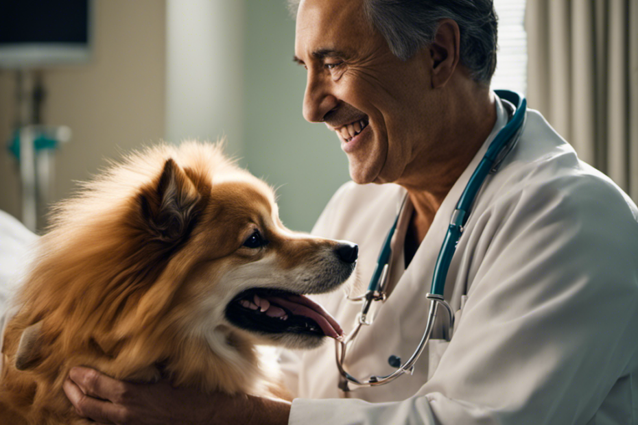 An image depicting a heartwarming scene in a hospital room, showcasing a patient with a broad smile, receiving comfort from a gentle Spitz canine, their hands gently intertwined, as the dog's soft fur provides a soothing touch