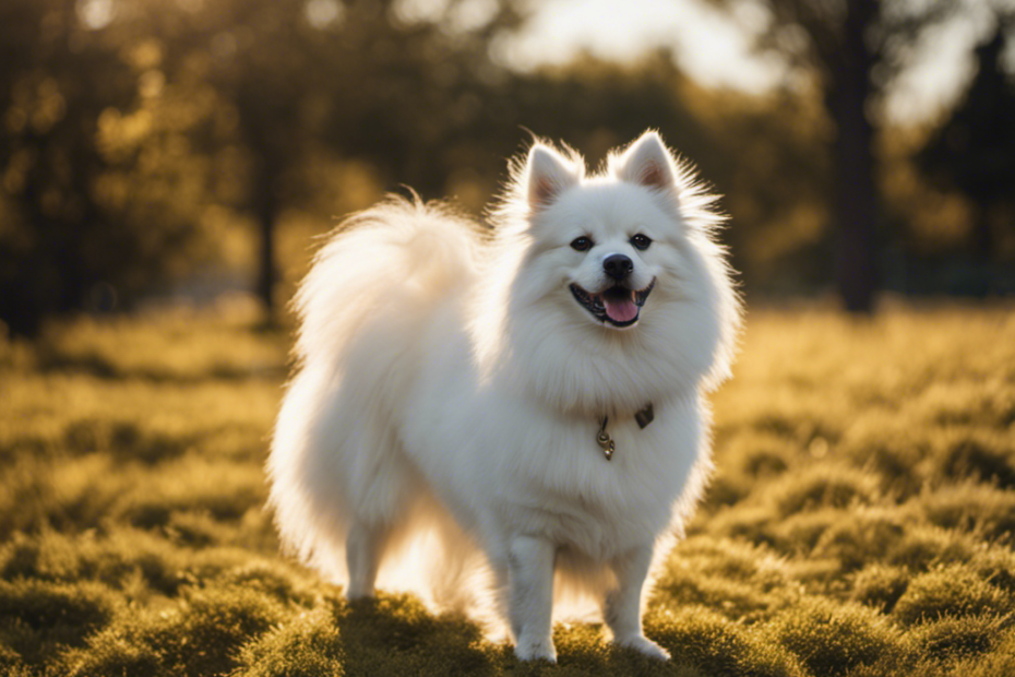 An image showcasing a serene Therapy Spitz dog, its soft, fluffy white coat shimmering in the sunlight as it gracefully ages, capturing the essence of their lifespan and the calming aura they bring