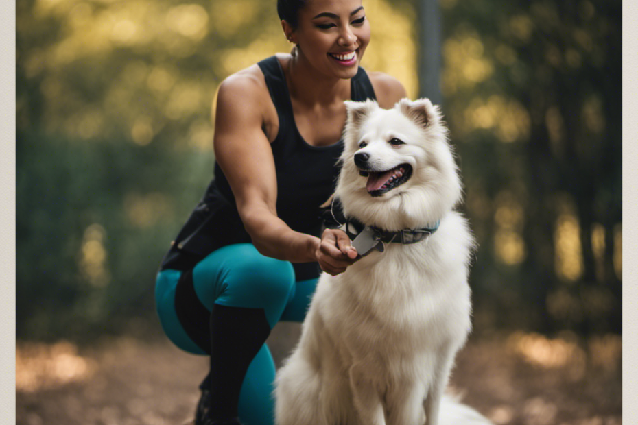 An image depicting a skilled trainer confidently demonstrating three effective spitz dog training techniques: positive reinforcement, clicker training, and leash training