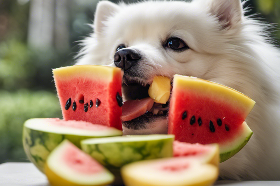 An image showcasing a fluffy Spitz dog happily munching on three colorful fruits: juicy watermelon chunks, sliced banana, and crisp apple slices, emphasizing their safety for Spitz dogs to enjoy