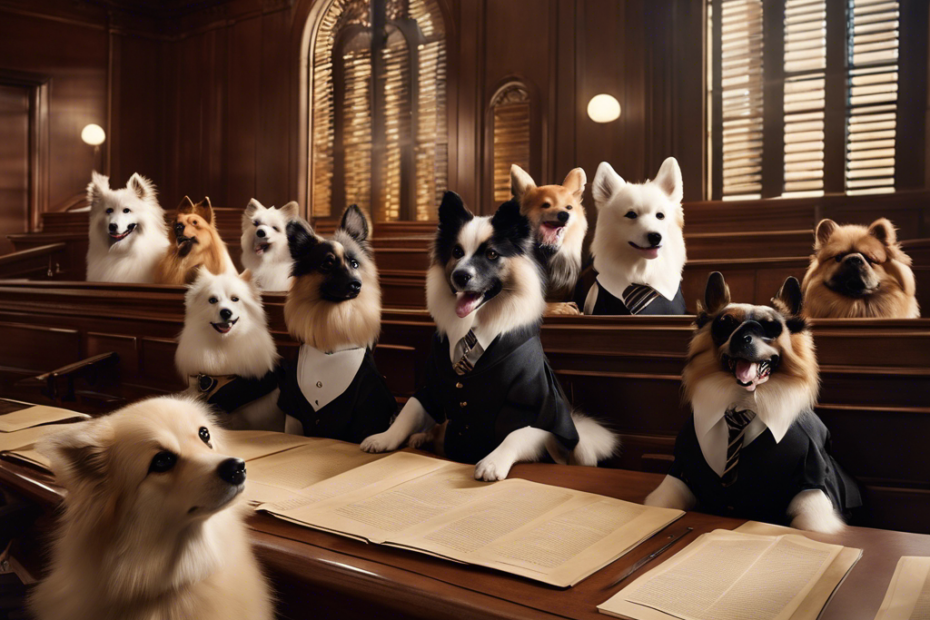 An image of ten diverse Spitz dogs in a courtroom, with gavels, scales of justice, breeding papers, and DNA helixes, symbolizing legal aspects of breeding without any text