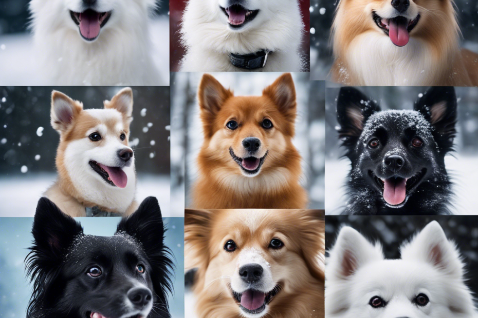 A collage of ten Spitz dogs with distinct playful and surprised expressions, set against a snowy backdrop, each interacting with snowflakes or snowballs in unique, dynamic poses